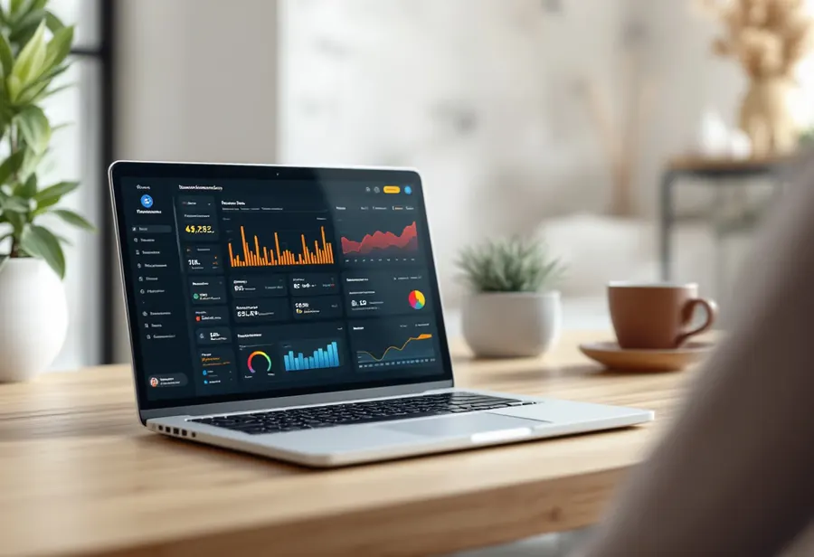 Laptop auf einem Schreibtisch zeigt ein Auswertungs-Dashboard
